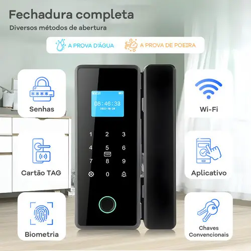 Fechadura Digital Eletrônica Porta de Vidro App Celular Abertura Remota Wifi Vidro com Vidro Batente Alvenaria Madeira