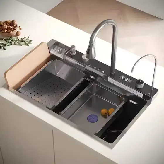 Pia Gourmet Completa Cascata Acessórios Painel Digital LED Ambiente Controle de Temperatura Inox