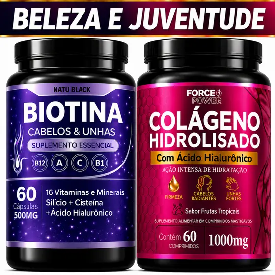 Kit Biotina Original + Colágeno Hidrolisado + Ácido Hialurônico Alta Concentração Pele Unhas Cabelos