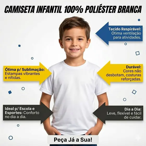 Camiseta Infantil Branca Malha Premium Poliéster Sublimação Atacado Camisa Escola Uniforme