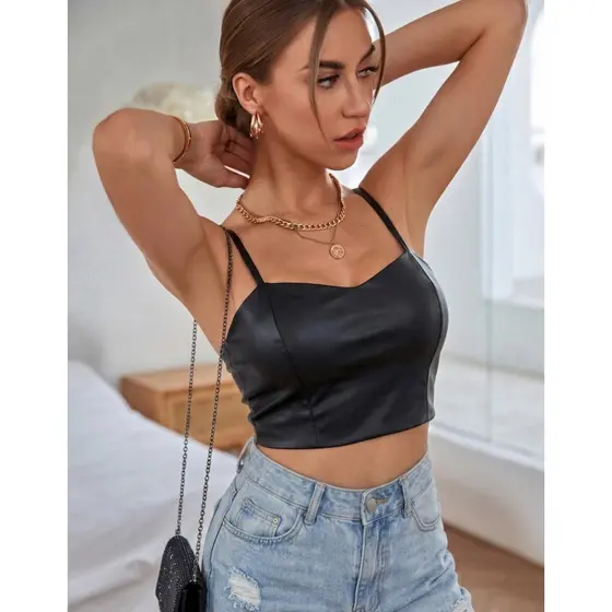 Cropped Couro Feminino Alcinha Festa Social Preto Luxo Ziper Inverno