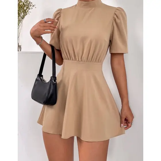 Macacao Feminino Social Vestido Curto Gola Alta Manga Flare