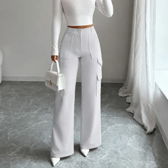 Calça Alfaiataria Feminina GG Wide Leg Cargo Pantalona Social