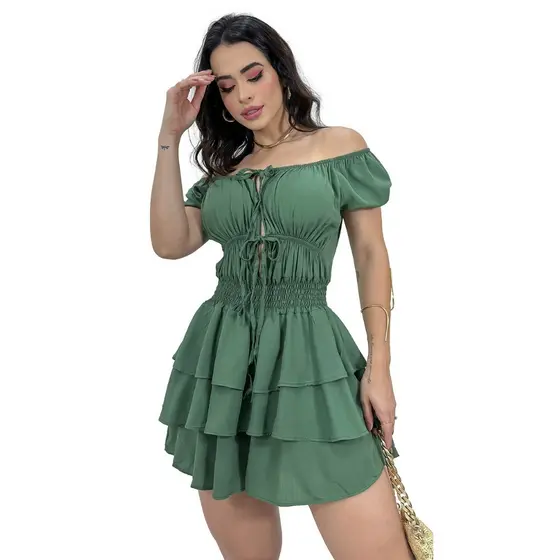 Macaquinho Curto Feminino Ciganinha Babado Camadas Lastex
