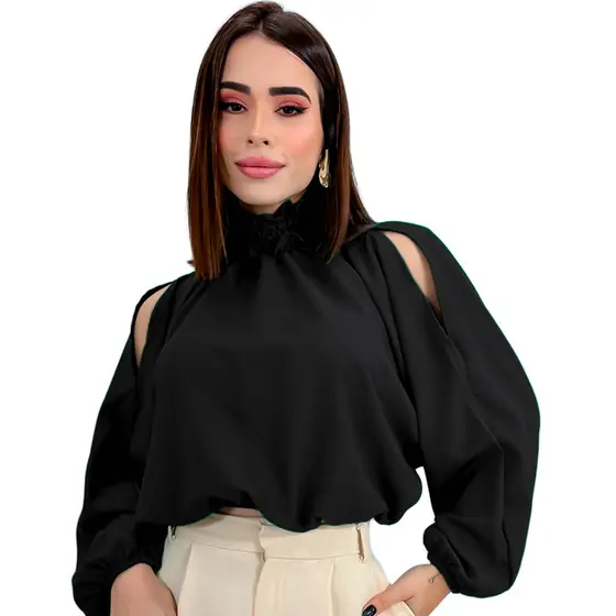 Blusa Bata Viscolinho Confortavel Gola Alta Ombro Vazado Social Manga Longa
