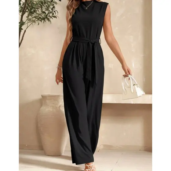 Macacão Alfaiataria Feminino Regata Gola Alta Social Cinto Premium Elegante Pantalona