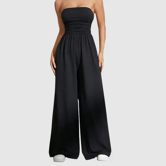 Macacão Longo Feminino Elegante Alfaiataria Sem Manga Com Drapeado Moda Gringa