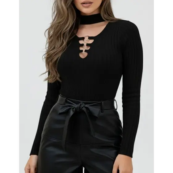 Body Feminino Canelado Cacharrel Gola Alta Manga Longa Inverno 2026