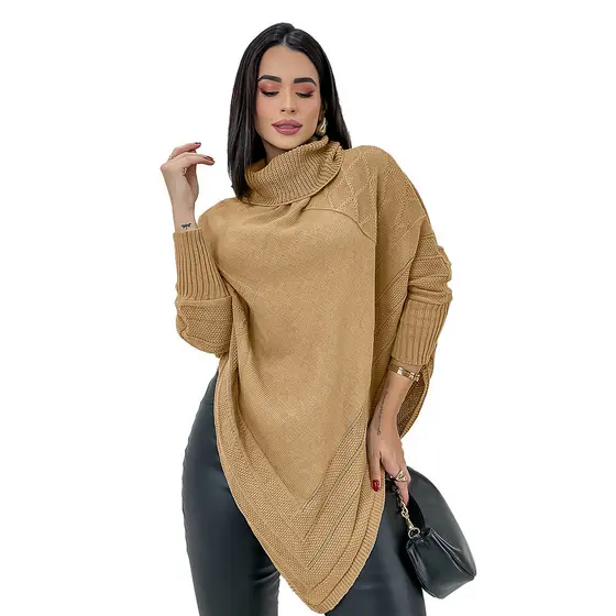 Poncho Tricot De Bico Top Inverno Gola Alta Moda Premium Lã