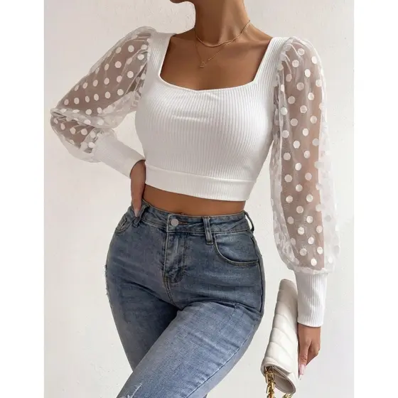 Cropped Blusinha Feminina Manga Longa Tule Poa Bolinha