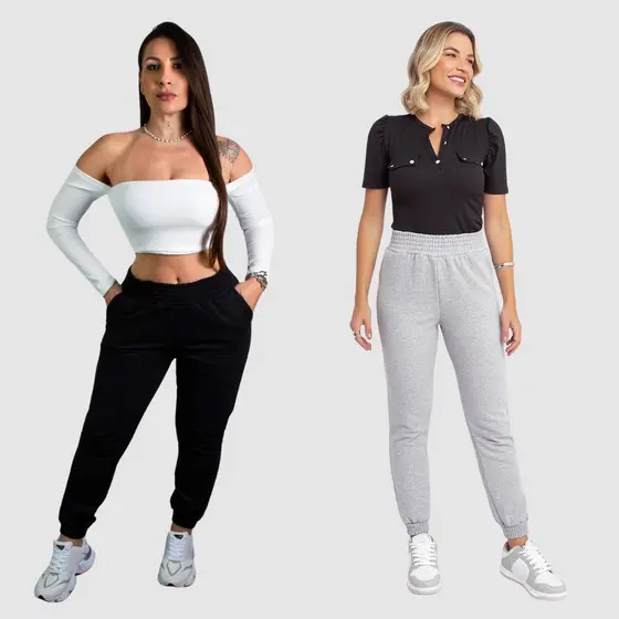 Kit 2 Calça Moletom Flanelado Feminina Jogger Cintura Alta Inverno Moda Gringa