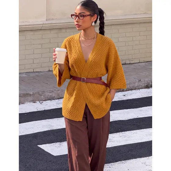 Cardigan Kimono Feminino Elegante Longo Tricot Modal Capa Manga Chique Promoção