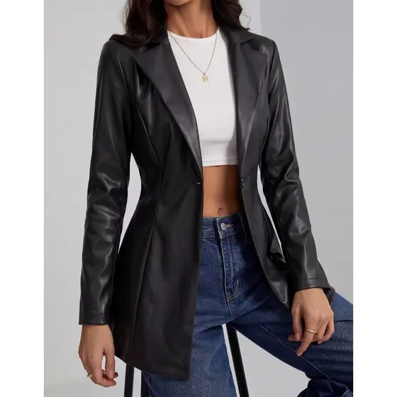 Jaqueta Blazer Feminina Couro Ecológico Com Gola Moderna Longo Moda Gringa