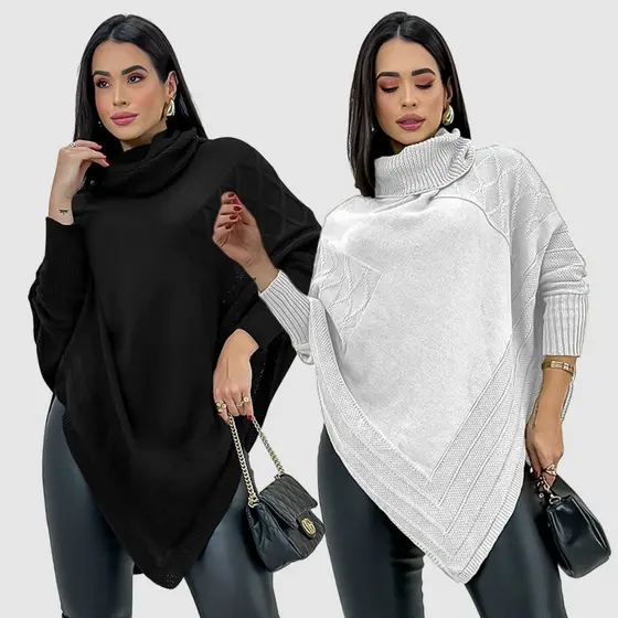 Kit 2 Poncho Bico Blusa Tricot Manga Longa Gola Alta Elegante Inverno 2026