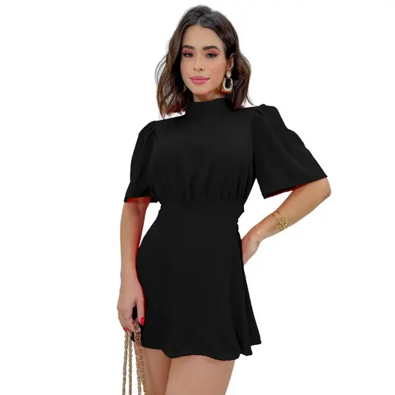 Macacao Feminino Social Vestido Curto Gola Alta Manga Flare Verão