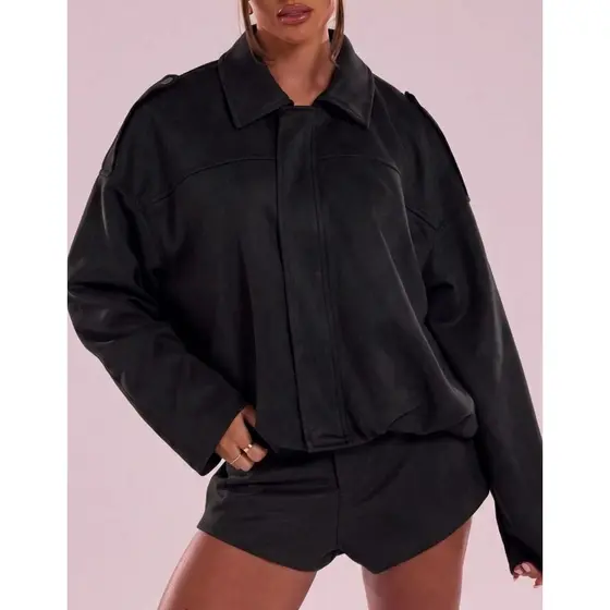 Jaqueta Feminina Manga Longa Casaco Camurça Oversized Estilo Gringa Inverno
