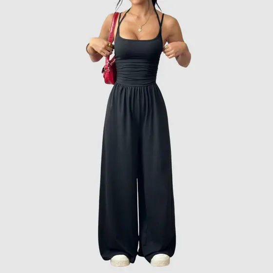 Macacão Casual Feminino Alça Dupla Modelagem Pantalona Soltinho Perna Longa Elegante