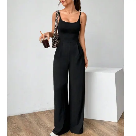 Macacão Pantalona Feminino Longo Básico Com Decote Tiras Nas Costas Alça Fina Casual