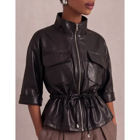 Jaqueta Blusa Feminina Couro Fake Sintético Com Ziper Peplum Acinturada Inverno