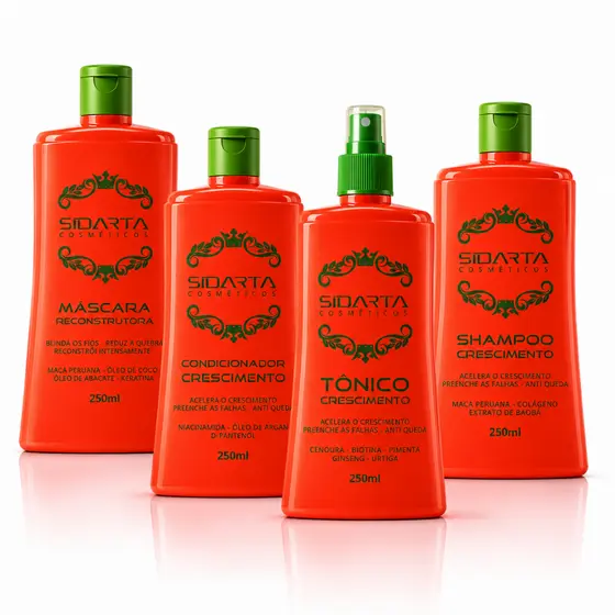 Kit Crescimento Capilar Sidarta 4X4 (F) – Tônico Capilar, Máscara Crescimento, Shampoo e Condicionador 250ML
