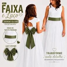 Faixa e Laço Dama de Honra Infantil Fita Acessório Para Vestido Festa Verde Oliva Militar REF4196