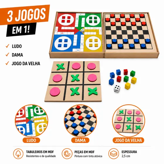 Jogos de Tabuleiro  3em1 Dama Jogo Velha Ludo