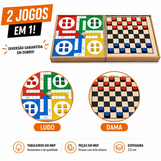 Jogos de Tabuleiros 2 em 1 Dama e Ludo em Madeira