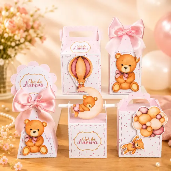 Kit FestaChá de Bebê Ursinha Rosa Personalizado Pegue e Monte Lembrancinhas Festa Infantil