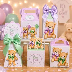 Kit Festa Chá de Bebê Ursinho Verde e Lilás Personalizado Pegue e Monte Lembrancinhas Festa Infantil