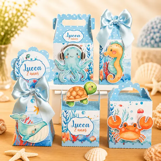 Kit Festa Fundo do Mar Azul Menino Personalizado Pegue e Monte Lembrancinhas Festa Infantil