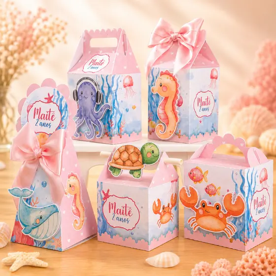 Kit Festa Fundo do Mar Rosa Menina Personalizado Pegue e Monte Lembrancinhas Festa Infantil