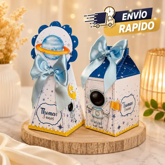 Kit Caixinhas Milk e Piramide Personalizadas Festa Infantil Astronauta Fazemos variosTemas