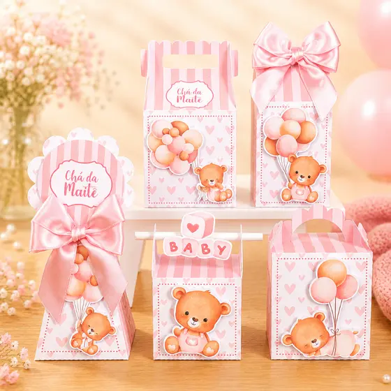 Kit Festa Chá de Bebê Ursinha Vintage Personalizado Pegue e Monte Lembrancinhas Festa Infantil