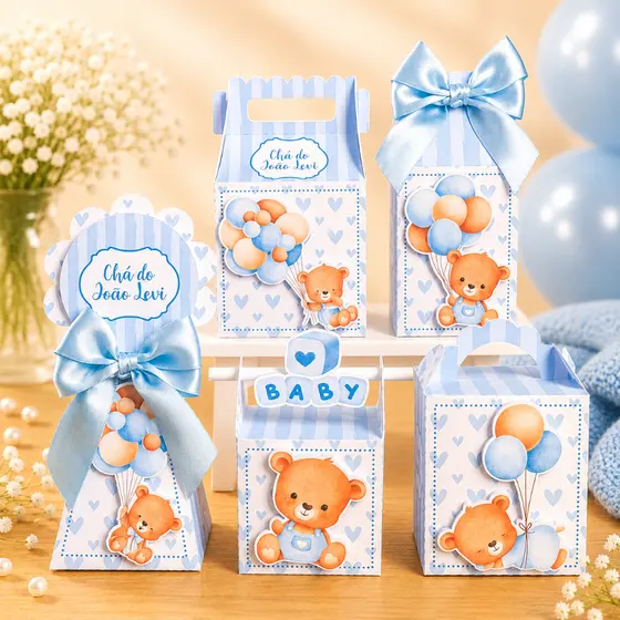 Kit FestaChá de Bebê Ursinho Azul Vintage Personalizado Pegue e Monte Lembrancinhas Festa Infantil