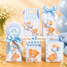 Kit FestaChá de Bebê Ursinho Azul Vintage  Personalizado Pegue e Monte Lembrancinhas Festa Infantil