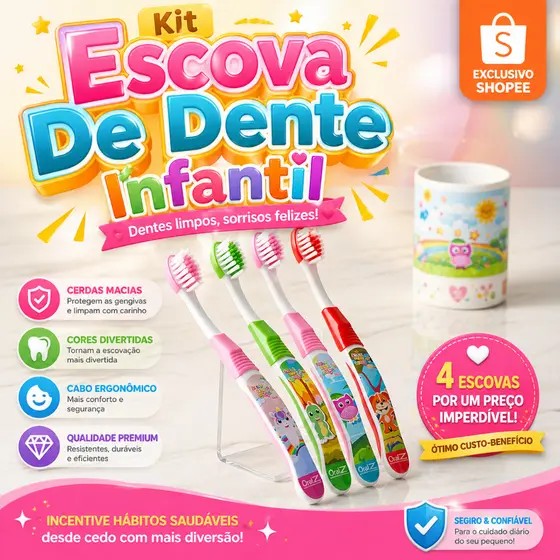Escova De Dente Infantil Macia Kit Com 4 Unidades Personagens Divertido Cerda Suave Criança Promoção