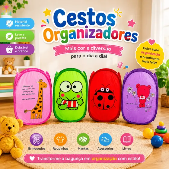 Cesto Organizador Binquedos Roupas Infantil Dobrável Telado Menina Menino Criança Multiuso Divertido