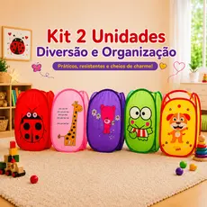 Kit 2 Cestos Organizadores Infantil Telado Dobrável Brinquedos Roupas Multiuso Menina Menino Criança