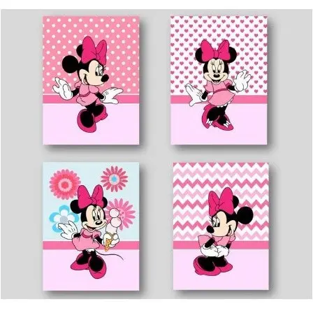 Kit 4 Quadros Decorativos Mosaico Minnie Mouse Decoração Infantil Mickey Quarto Menina Rosa
