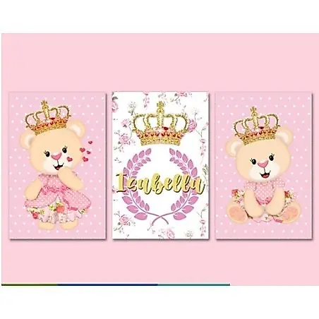 Kit 3 Quadros Decorativos Mosaico Menina Criança Personalizado Com Nome Rosa Bebê Urso