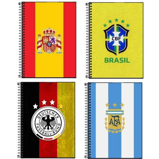 Cadernos Capa Adesiva personalizados das Seleções Copa do Mundo 2026 – Brasil, Argentina, França e Muito Mais