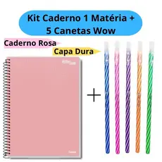 Kit Caderno Universitário 1 Matéria + 5 Canetas Wow 0.7mm Coloridas Caderno Capa Dura Escolar