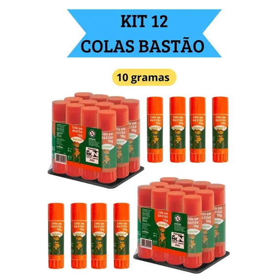 Kit 12 Colas em Bastão Escolar 10g  Escritório Artesanato Leo&Leo