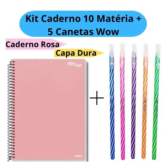 Kit Caderno Universitário 10 Matérias + 5 Canetas Wow 0.7mm Coloridas Capa Dura Rosa Escolar