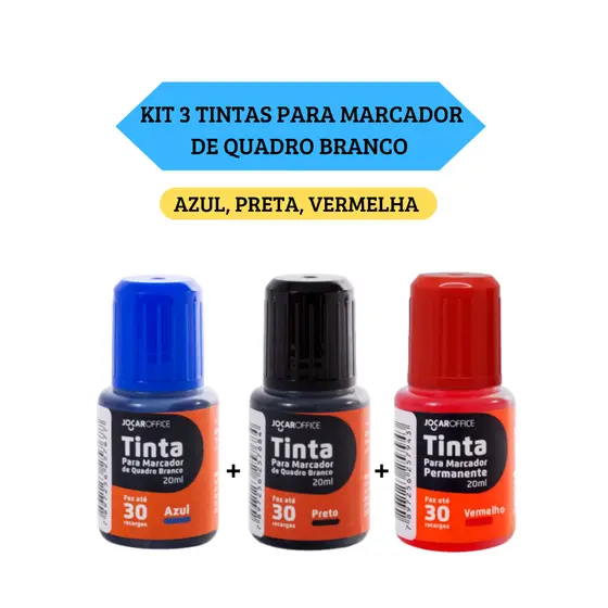 Kit 3 Tintas Marcador Quadro Branco Nas Cores Vermelha, Azul e Preto Masterprint