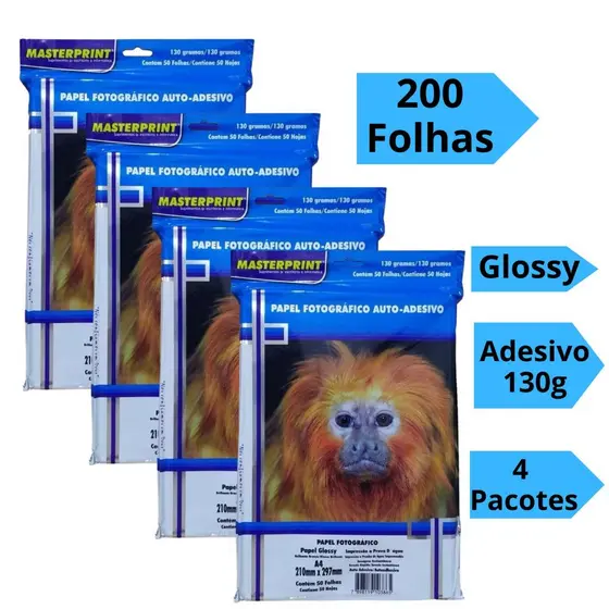Papel Fotográfico Adesivo 130g A4 Glossy Brilhoso Kit 200 Folhas Masterprint