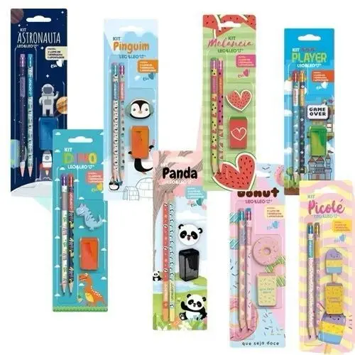 Kit Escolar 4 Peças Lapis Apontador Borracha Pets Donuts Astronauta Picolé Game Dino Leo&Leo