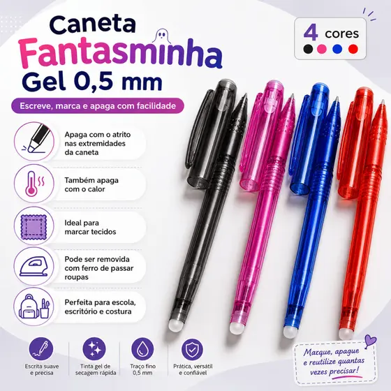 Caneta Apagável Fantasminha Gel 0.5mm Escolar Escritório Tecido Costura Apaga com Calor Atrito