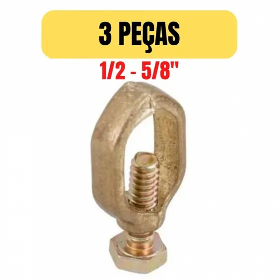 Kit 3 Conectores Grampo para Aterramento Haste 1/2" e 5/8" SPDA Aço Reforçado