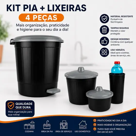 Kit Lixeiras Plásticas Pretas com Tampa e Pedal – Cozinha, Banheiro e Pia